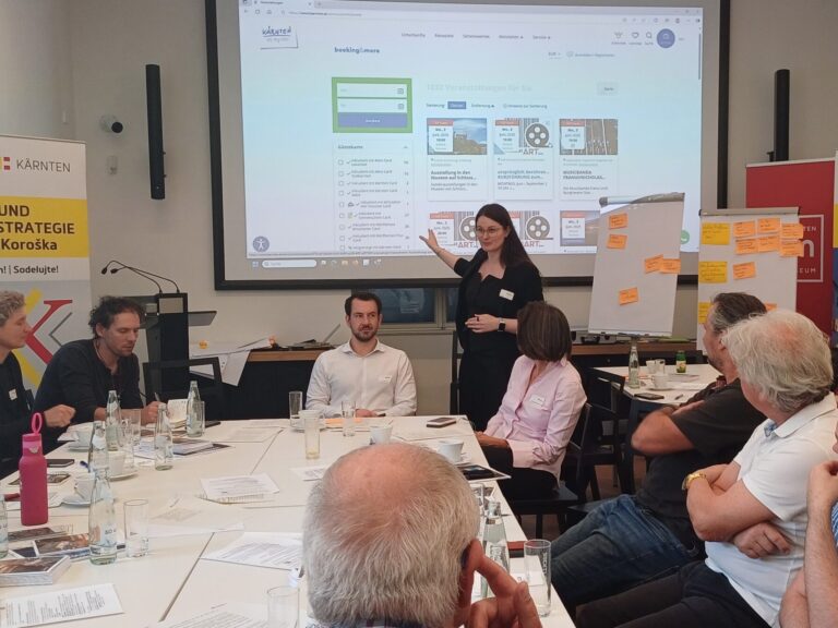 Workshop-Teilnehmende sitzen um einen Tisch, der Blick geht vom Betrachter weg zu einer Leinwand, davor, mittig im Bild steht eine schwarz gekleidete Frau mit langen Haaren und Brille und gestikuliert zeigend zur Leinwand.