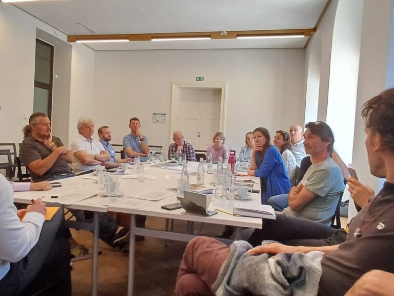 Workshop-Teilnehmende sitzen um einen großen Tisch, im Vordergrund sind zwei Personen, links ein dunkelhaariger Mann mit weißem Hemd von hinten, rechts ein dunkelhaariger Mann mit Locken und dunklem T-Shirt seitlich sichtbar.