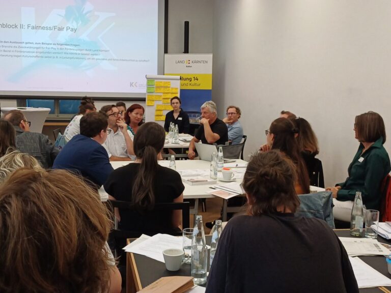 Der Blick geht von hinten nach vorne auf die Leinwand des Raums, auf der der Themenblock II: Fairness/Fair Pay angekündigt ist. Die Teilnehmenden sind überwiegend von hinten zu sehen, sie sitzen auf Tischgruppen verteilt im Raum.