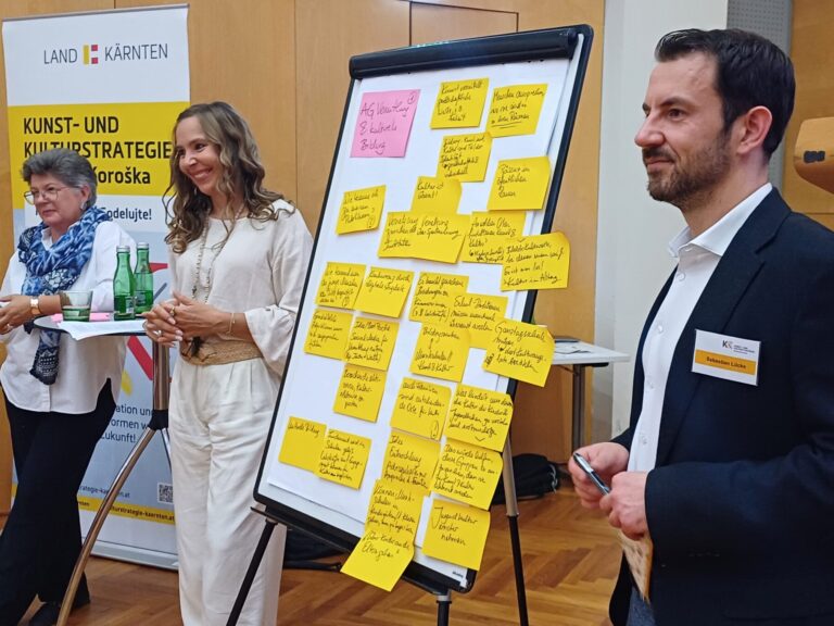 Am linken Bildrand ein sitzender Mann, rechts von ihm sind zwei Frauen und ein Mann, die einen Vortrag zu moderieren scheinen, zwischen ihnen befindet sich ein mit mehreren beschriebenen Zetteln gefüllter Flipchart.